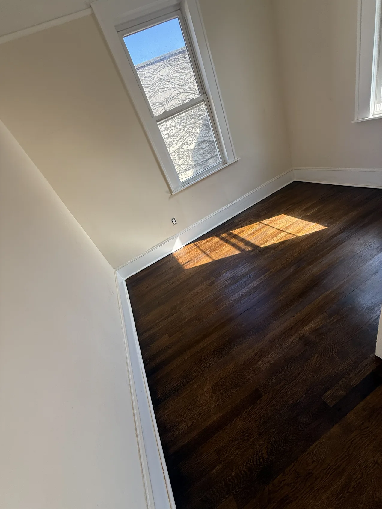 Dark refinished hardwood floor by a window